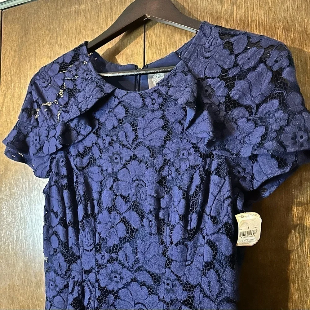 Vince Camuto Womens Round Neck Lace Cap Sleeves A-Line Midi Dress Navy Blue Sz 6 - Picture 7 of 13